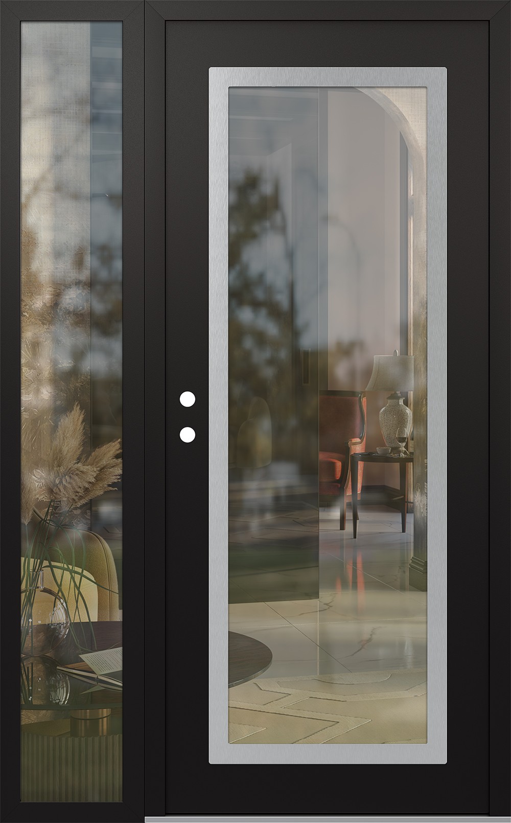 Modern Steel Front Door Diamond C1 50" x 80" black/black clear Glass Panel stainless steel RHI with Sidelite clear Glass