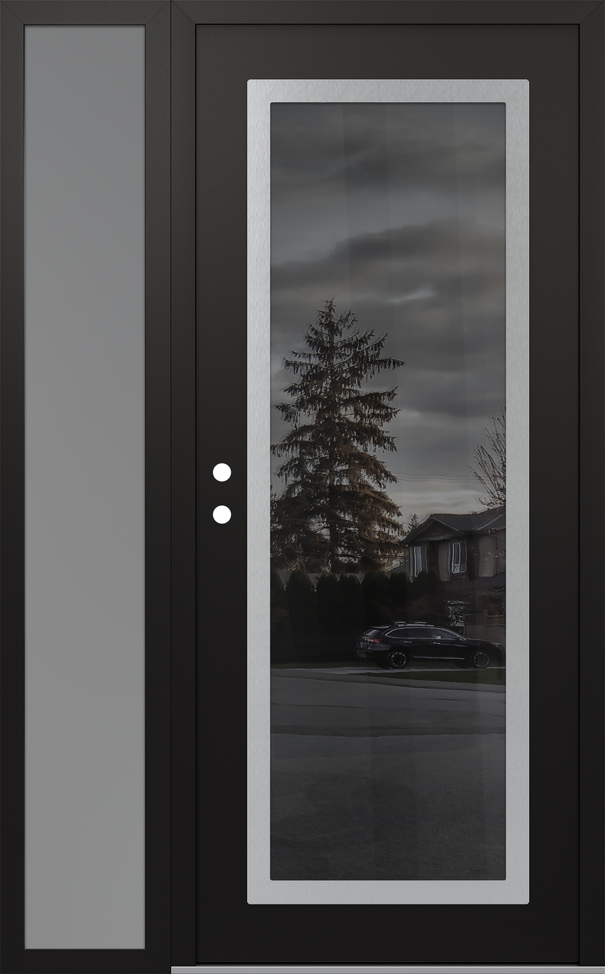Modern Steel Front Door Diamond C1 50" x 80" black/black mirrored Glass Panel stainless steel RHI with Sidelite frosted Glass