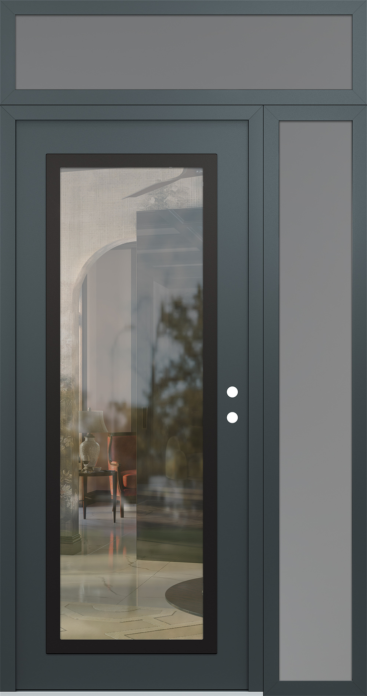 Modern Steel Front Door Diamond C1 50" x 96" anthracite/anthracite clear Glass Panel black LHI with Sidelite and Transom frosted Glass