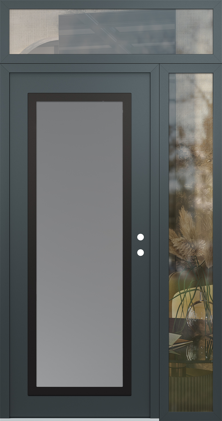 Modern Steel Front Door Diamond C1 50" x 96" anthracite/anthracite frosted Glass Panel black LHI with Sidelite and Transom clear Glass