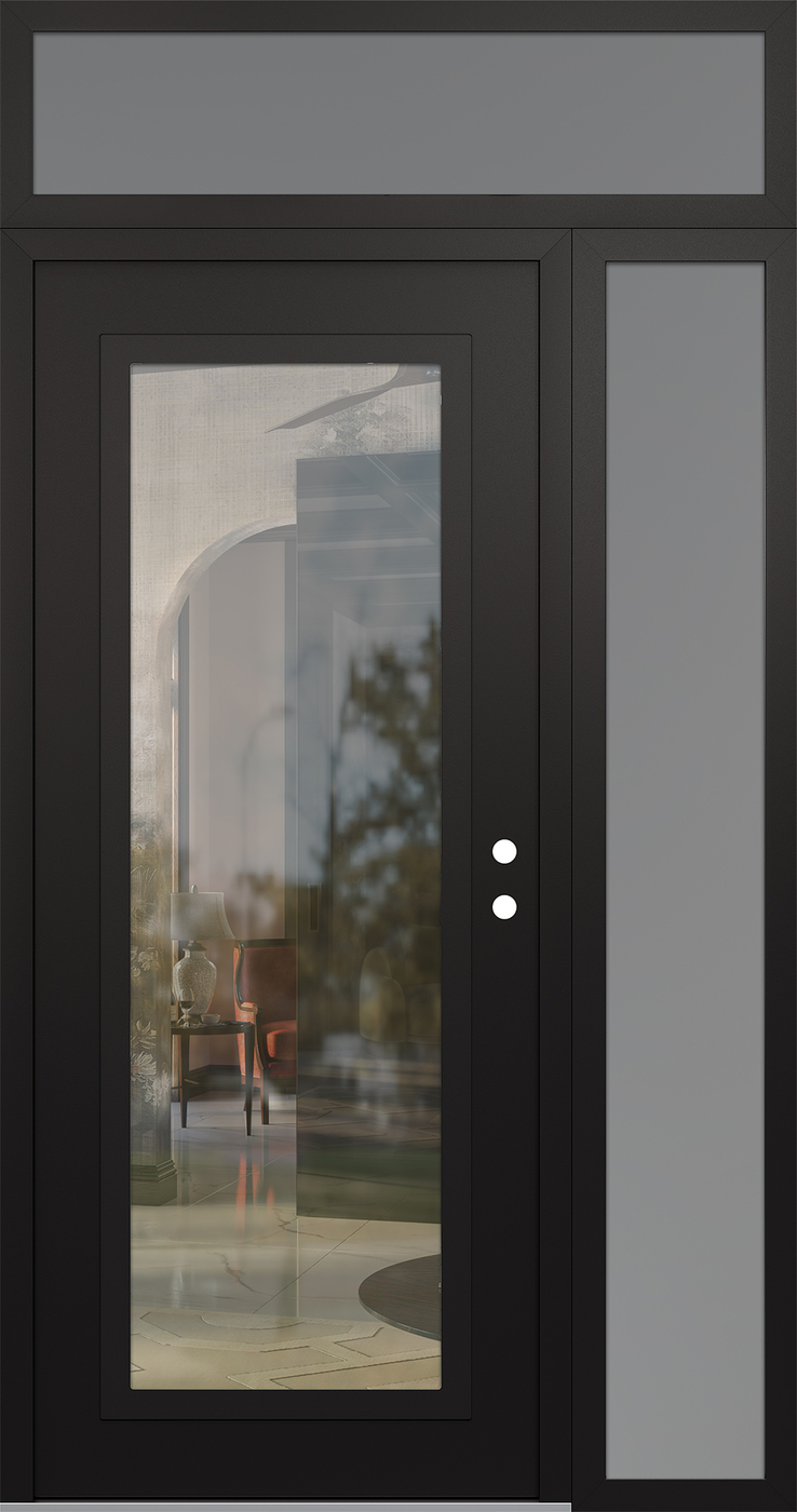 Modern Steel Front Door Diamond C1 50" x 96" black/black clear Glass Panel black LHI with Sidelite and Transom frosted Glass