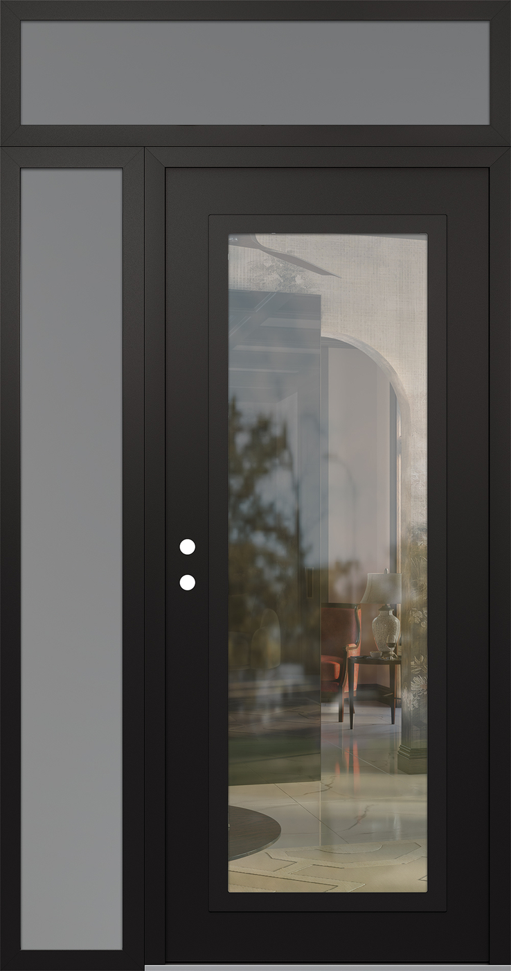 Modern Steel Front Door Diamond C1 50" x 96" black/black clear Glass Panel black RHI with Sidelite and Transom frosted Glass