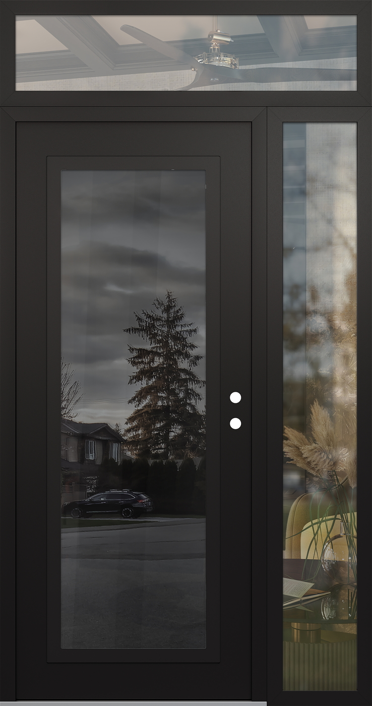 Modern Steel Front Door Diamond C1 50" x 96" black/black mirrored Glass Panel black LHI with Sidelite and Transom clear Glass