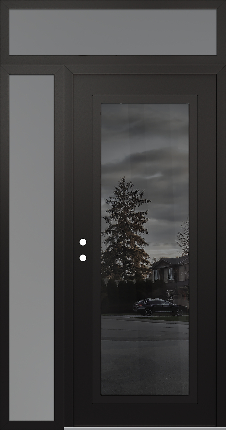 Modern Steel Front Door Diamond C1 50" x 96" black/black mirrored Glass Panel black RHI with Sidelite and Transom frosted Glass