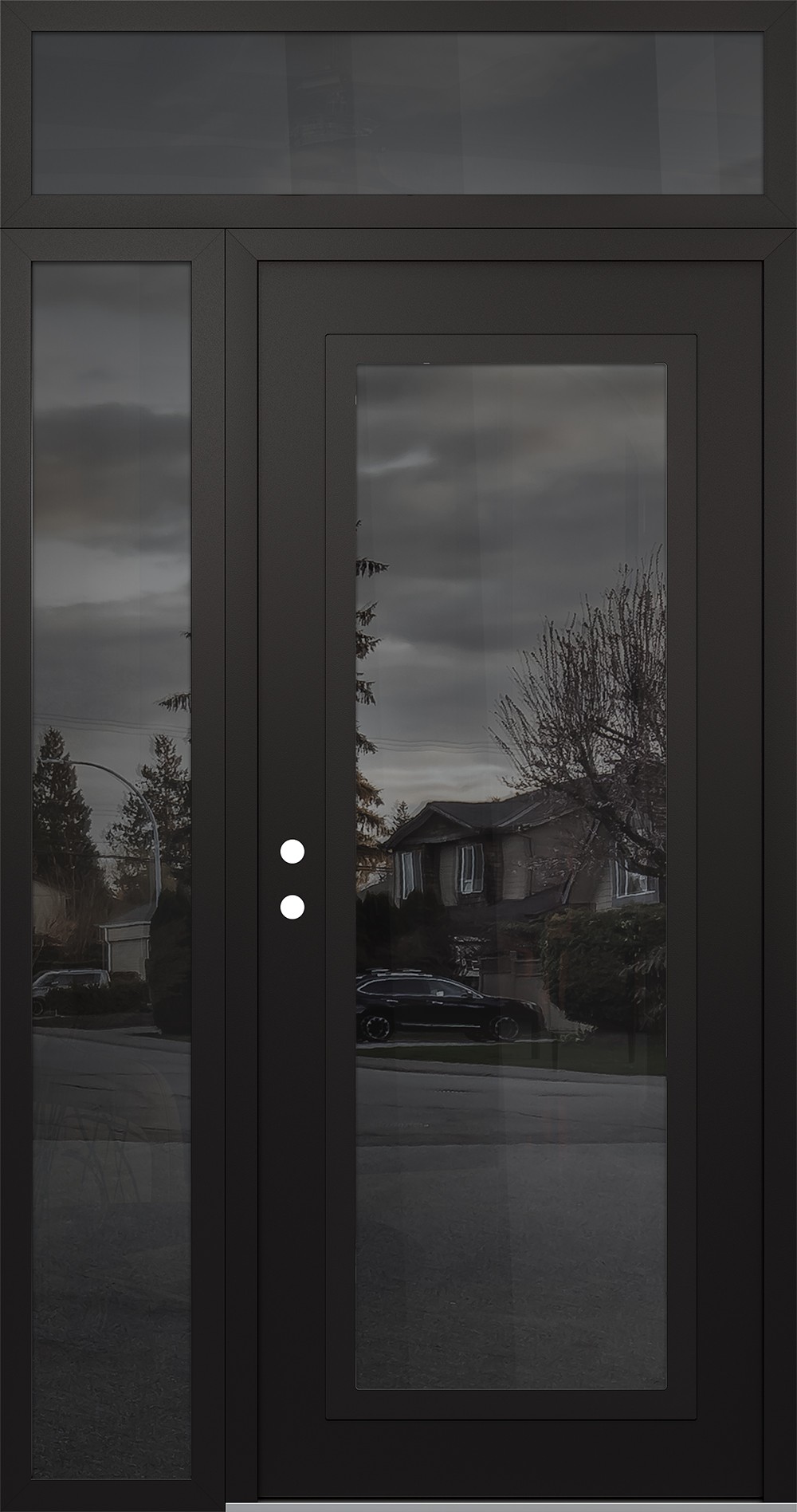 Modern Steel Front Door Diamond C1 50" x 96" black/black mirrored Glass Panel black RHI with Sidelite and Transom mirrored Glass