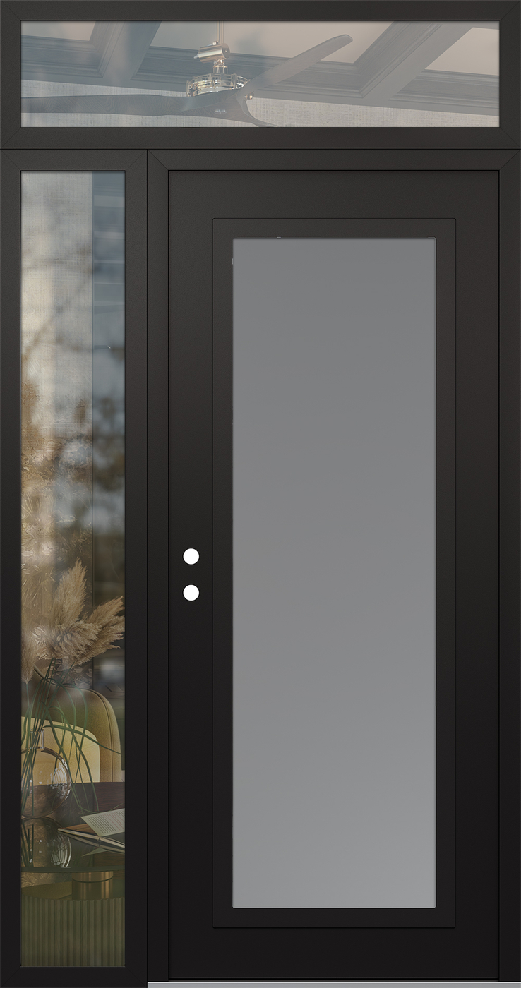 Modern Steel Front Door Diamond C1 50" x 96" black/white frosted Glass Panel black RHI with Sidelite and Transom clear Glass