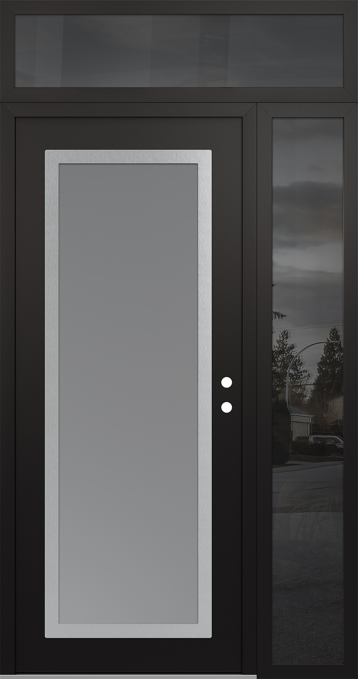 Modern Steel Front Door Diamond C1 50" x 96" black/white frosted Glass Panel stainless steel LHI with Sidelite and Transom mirrored Glass