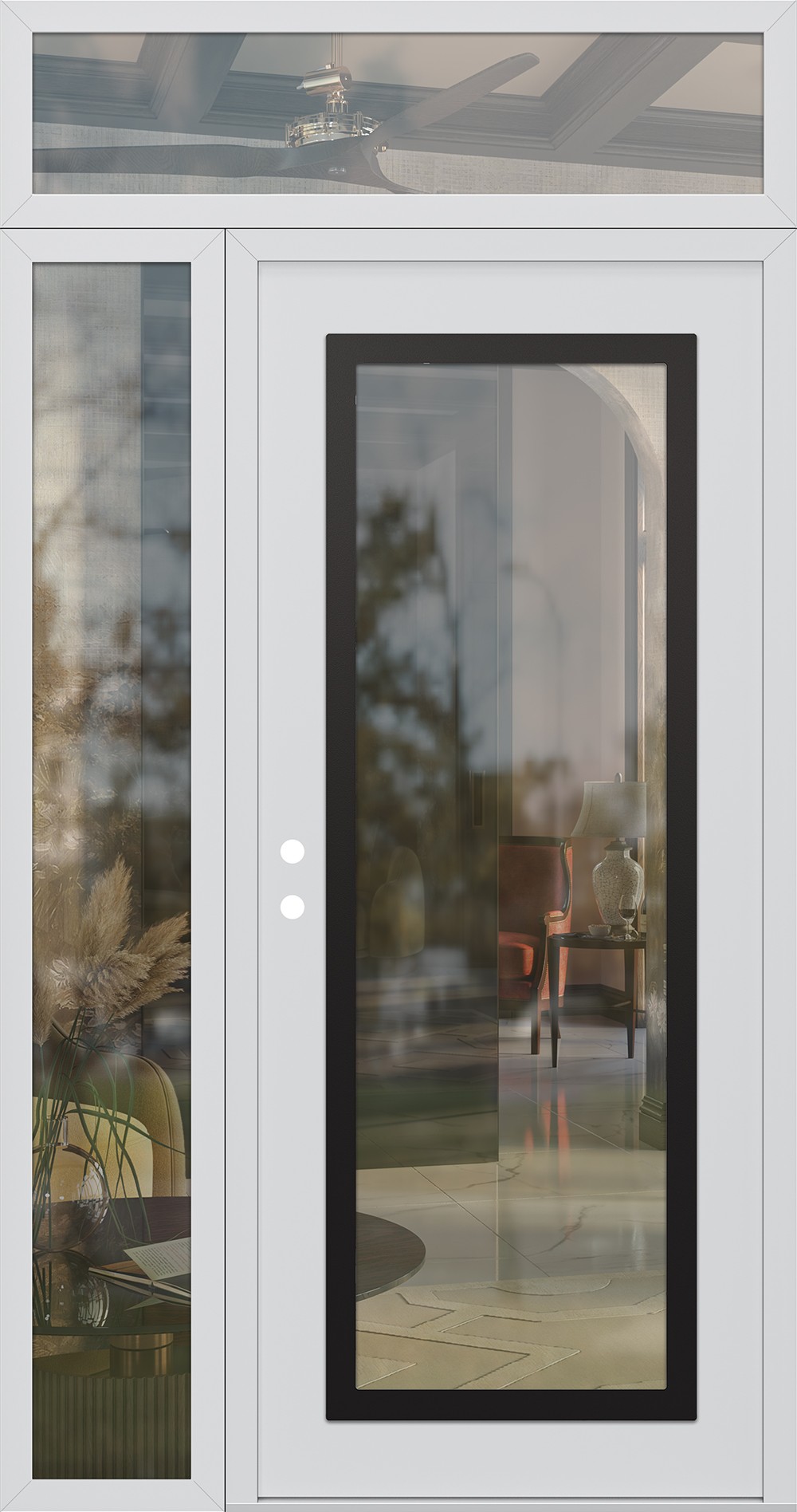 Modern Steel Front Door Diamond C1 50" x 96" white/white clear Glass Panel black RHI with Sidelite and Transom clear Glass