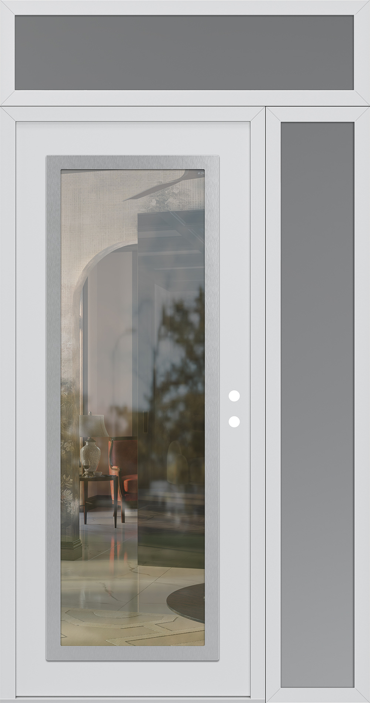 Modern Steel Front Door Diamond C1 50" x 96" white/white clear Glass Panel stainless steel LHI with Sidelite and Transom frosted Glass