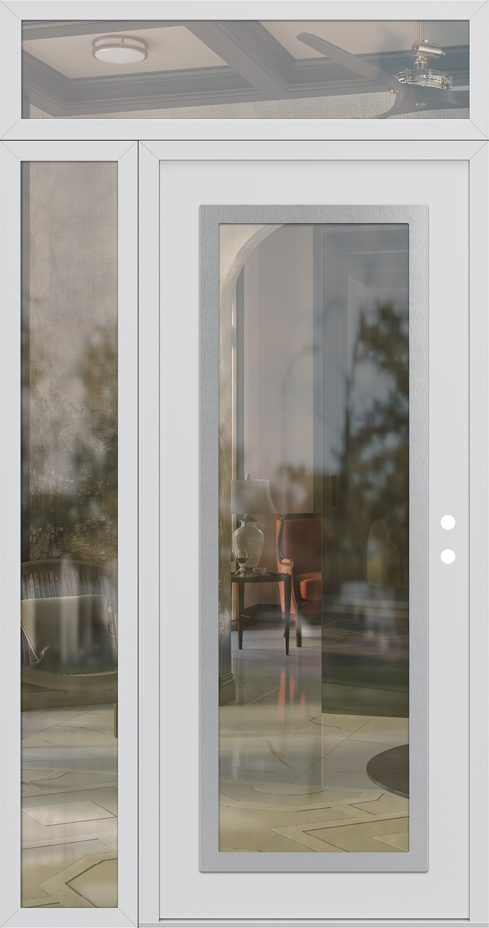 Modern Steel Front Door Diamond C1 50" x 96" white/white clear Glass Panel stainless steel RHI with Sidelite and Transom clear Glass