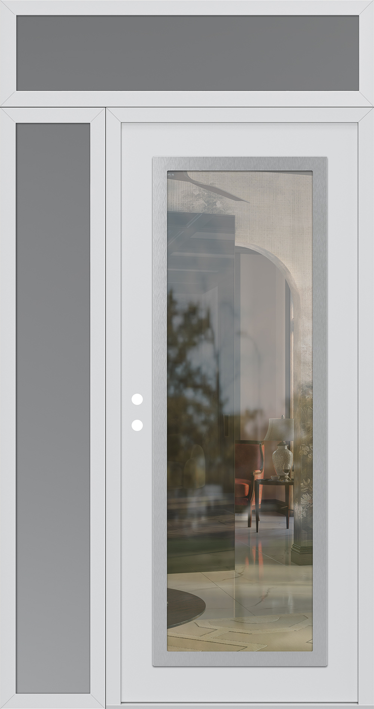 Modern Steel Front Door Diamond C1 50" x 96" white/white clear Glass Panel stainless steel RHI with Sidelite and Transom frosted Glass