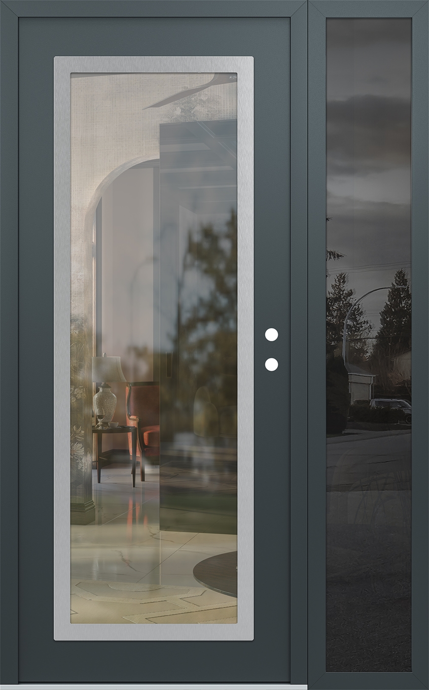 Modern Steel Front Door Diamond C1 52" x 80" anthracite/anthracite clear Glass Panel stainless steel LHI with Sidelite mirrored Glass