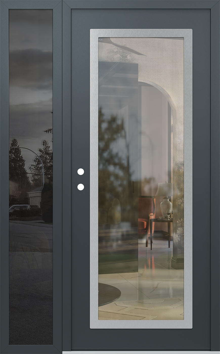 Modern Steel Front Door Diamond C1 52" x 80" anthracite/anthracite clear Glass Panel stainless steel RHI with Sidelite mirrored Glass