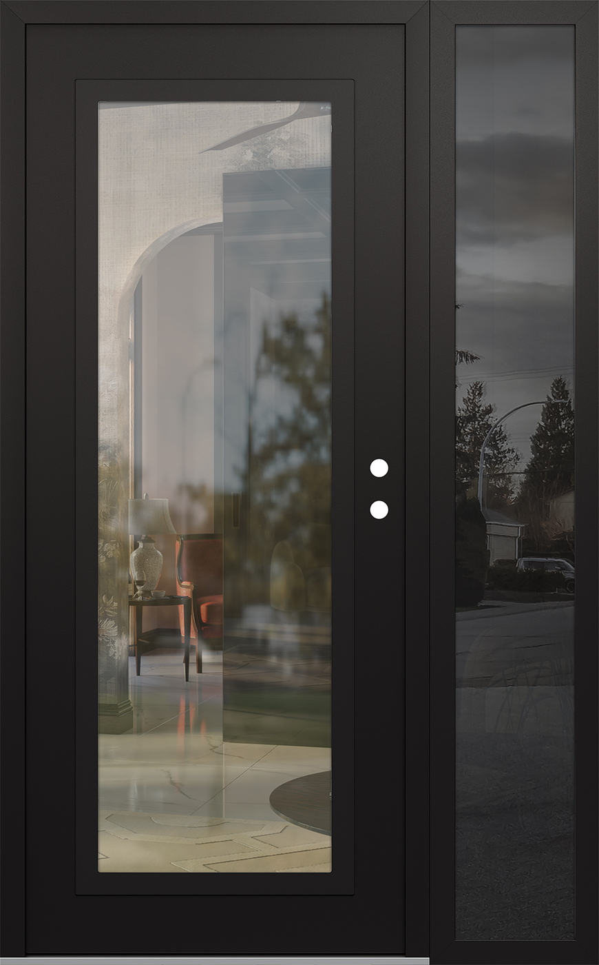 Modern Steel Front Door Diamond C1 52" x 80" black/black clear Glass Panel black LHI with Sidelite mirrored Glass