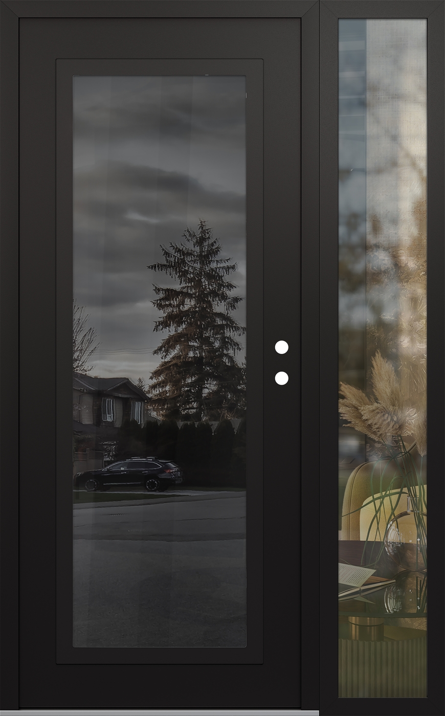 Modern Steel Front Door Diamond C1 52" x 80" black/black mirrored Glass Panel black LHI with Sidelite clear Glass