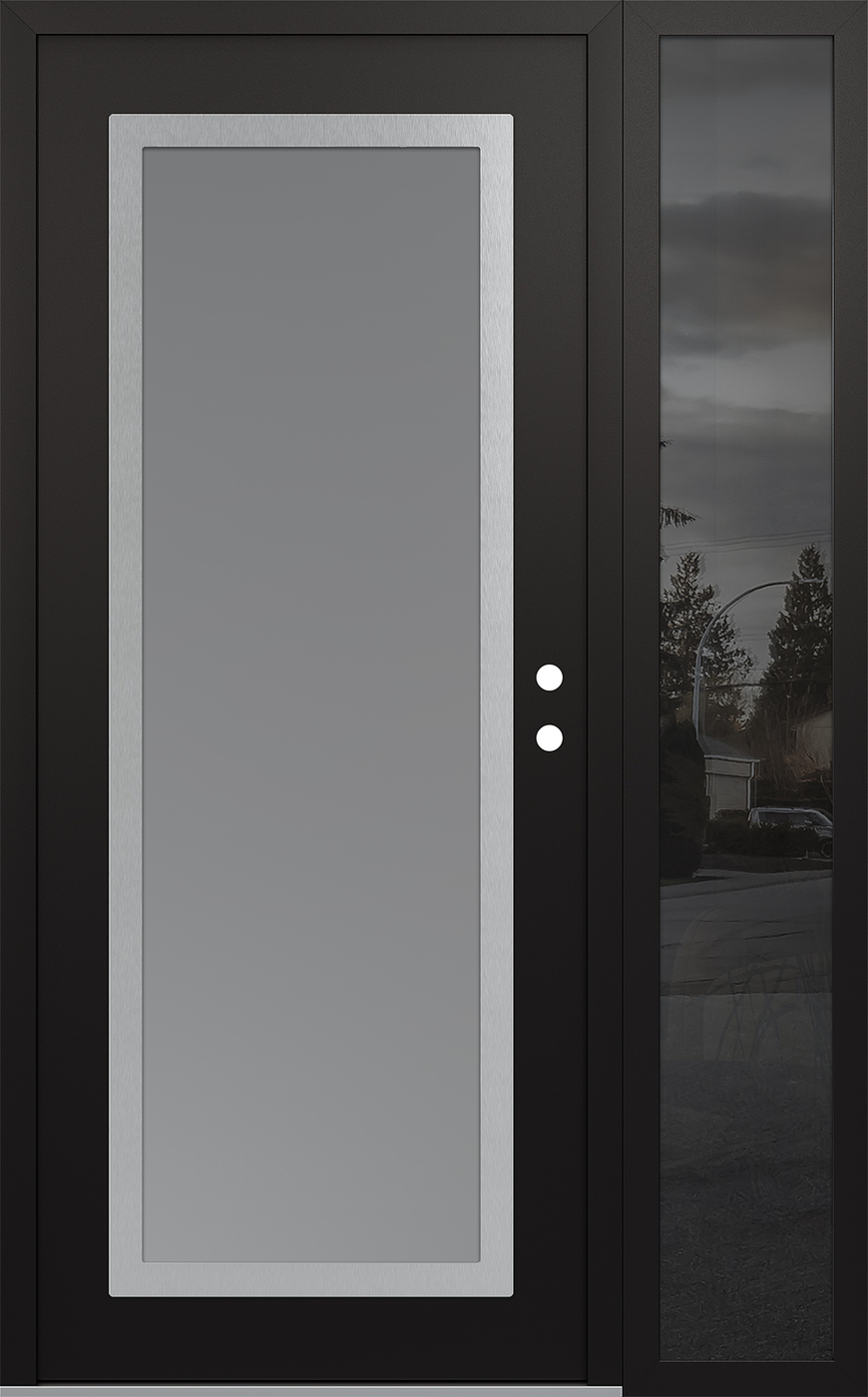 Modern Steel Front Door Diamond C1 52" x 80" black/white frosted Glass Panel stainless steel LHI with Sidelite mirrored Glass