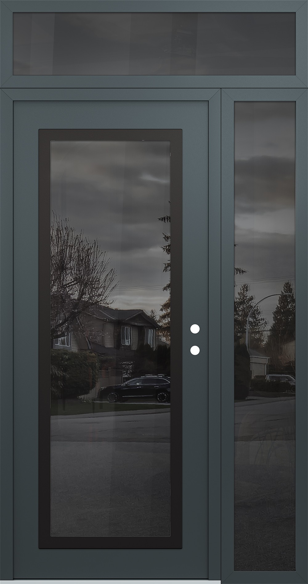 Modern Steel Front Door Diamond C1 52" x 96" anthracite/anthracite mirrored Glass Panel black LHI with Sidelite and Transom mirrored Glass