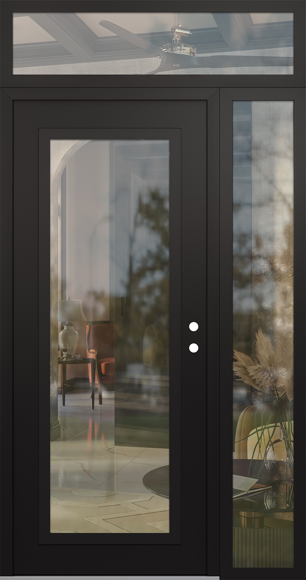 Modern Steel Front Door Diamond C1 52" x 96" black/black clear Glass Panel black LHI with Sidelite and Transom clear Glass