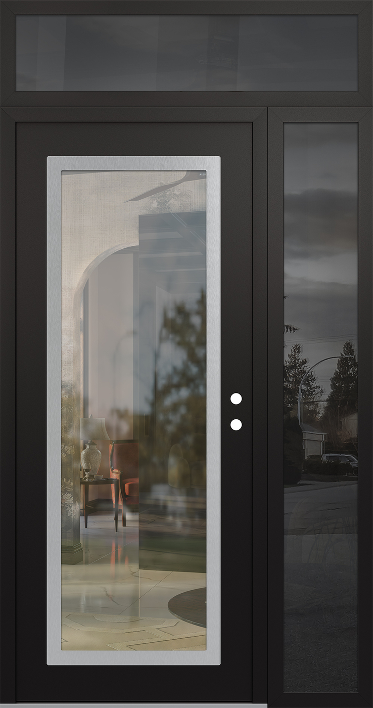 Modern Steel Front Door Diamond C1 52" x 96" black/black clear Glass Panel stainless steel LHI with Sidelite and Transom mirrored Glass
