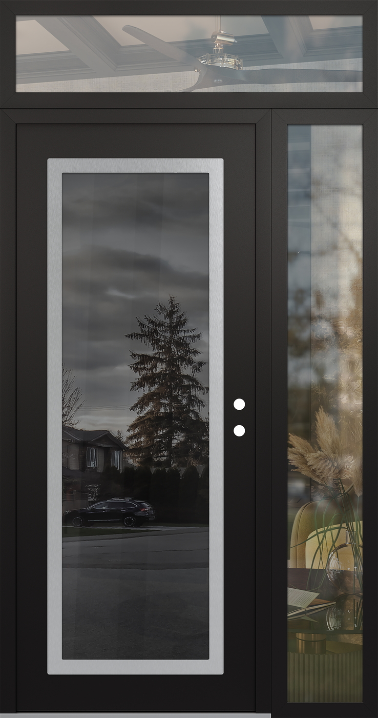 Modern Steel Front Door Diamond C1 52" x 96" black/black mirrored Glass Panel stainless steel LHI with Sidelite and Transom clear Glass