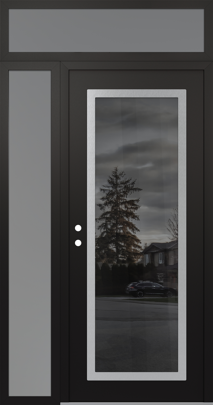 Modern Steel Front Door Diamond C1 52" x 96" black/black mirrored Glass Panel stainless steel RHI with Sidelite and Transom frosted Glass