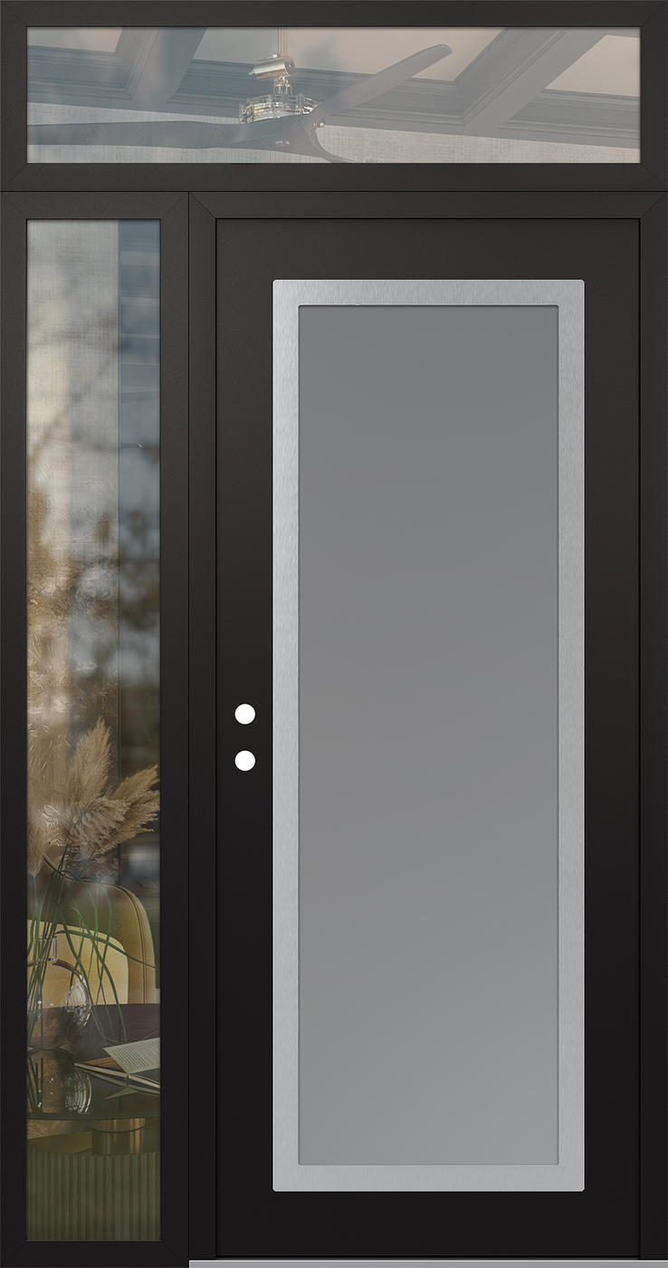 Modern Steel Front Door Diamond C1 52" x 96" black/white frosted Glass Panel stainless steel RHI with Sidelite and Transom clear Glass