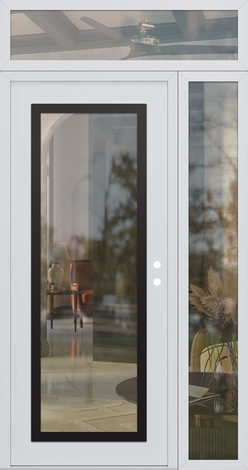Modern Steel Front Door Diamond C1 52" x 96" white/white clear Glass Panel black LHI with Sidelite and Transom clear Glass