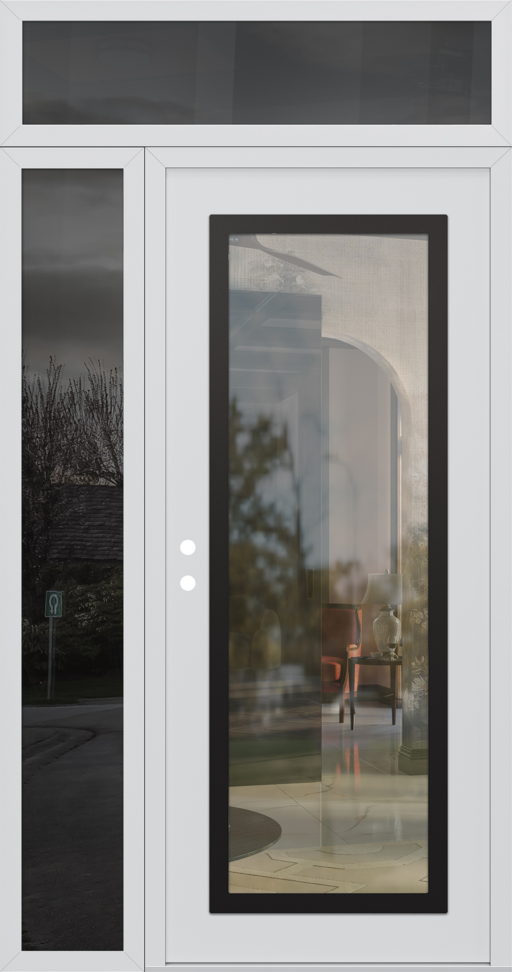 Modern Steel Front Door Diamond C1 52" x 96" white/white clear Glass Panel black RHI with Sidelite and Transom mirrored Glass
