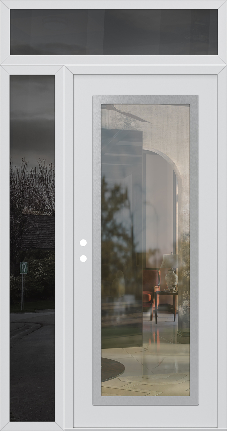 Modern Steel Front Door Diamond C1 52" x 96" white/white clear Glass Panel stainless steel RHI with Sidelite and Transom mirrored Glass