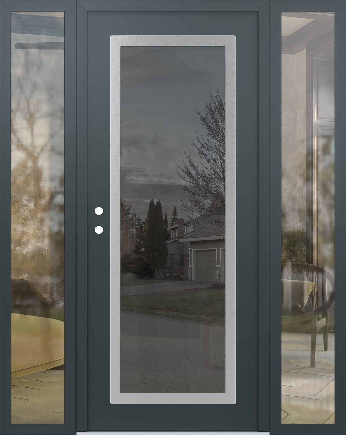 Modern Steel Front Door Diamond C1 60" x 80" anthracite/anthracite mirrored Glass Panel stainless steel RHI with 2 Sidelites clear Glass