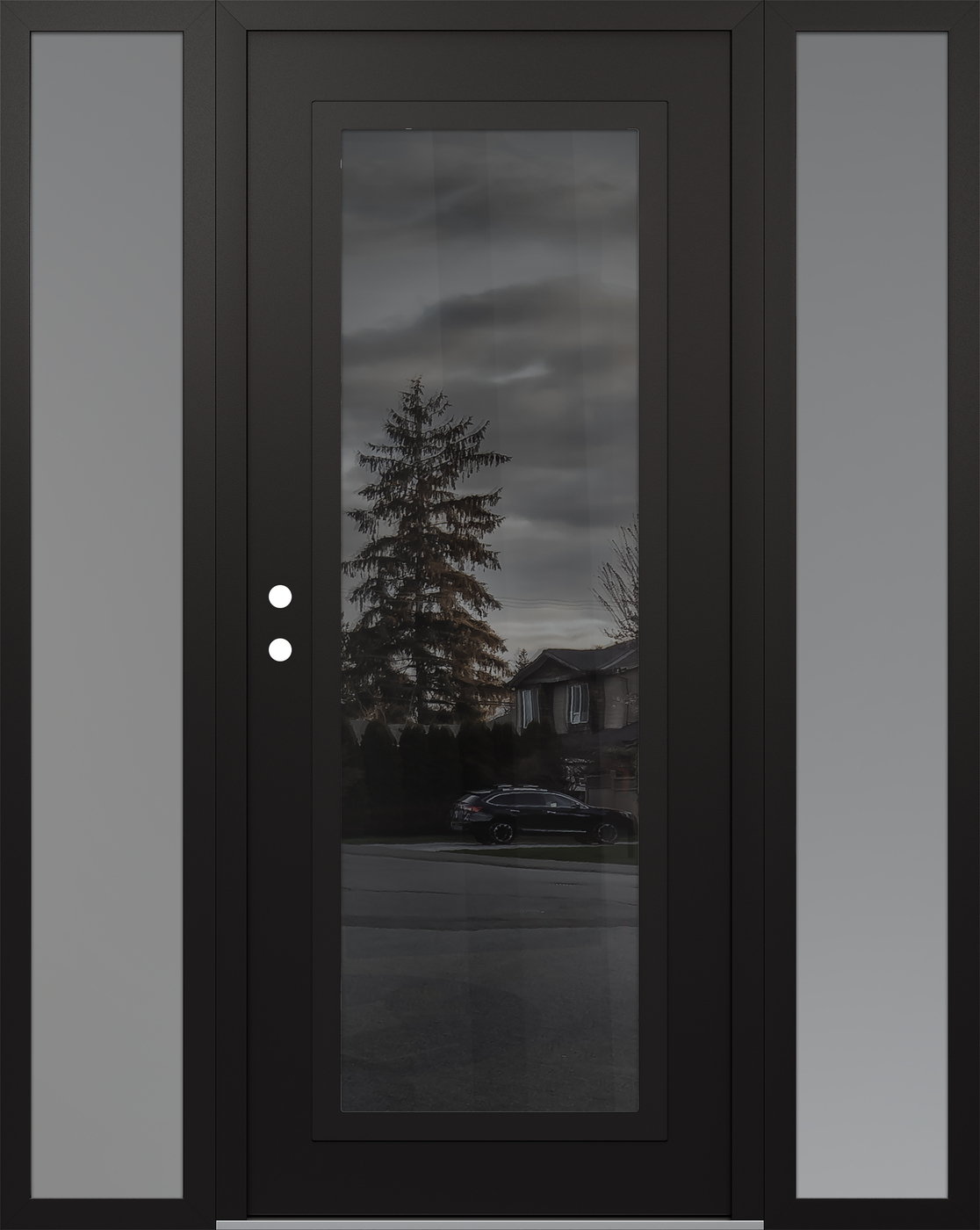 Modern Steel Front Door Diamond C1 60" x 80" black/black mirrored Glass Panel black RHI with 2 Sidelites frosted Glass