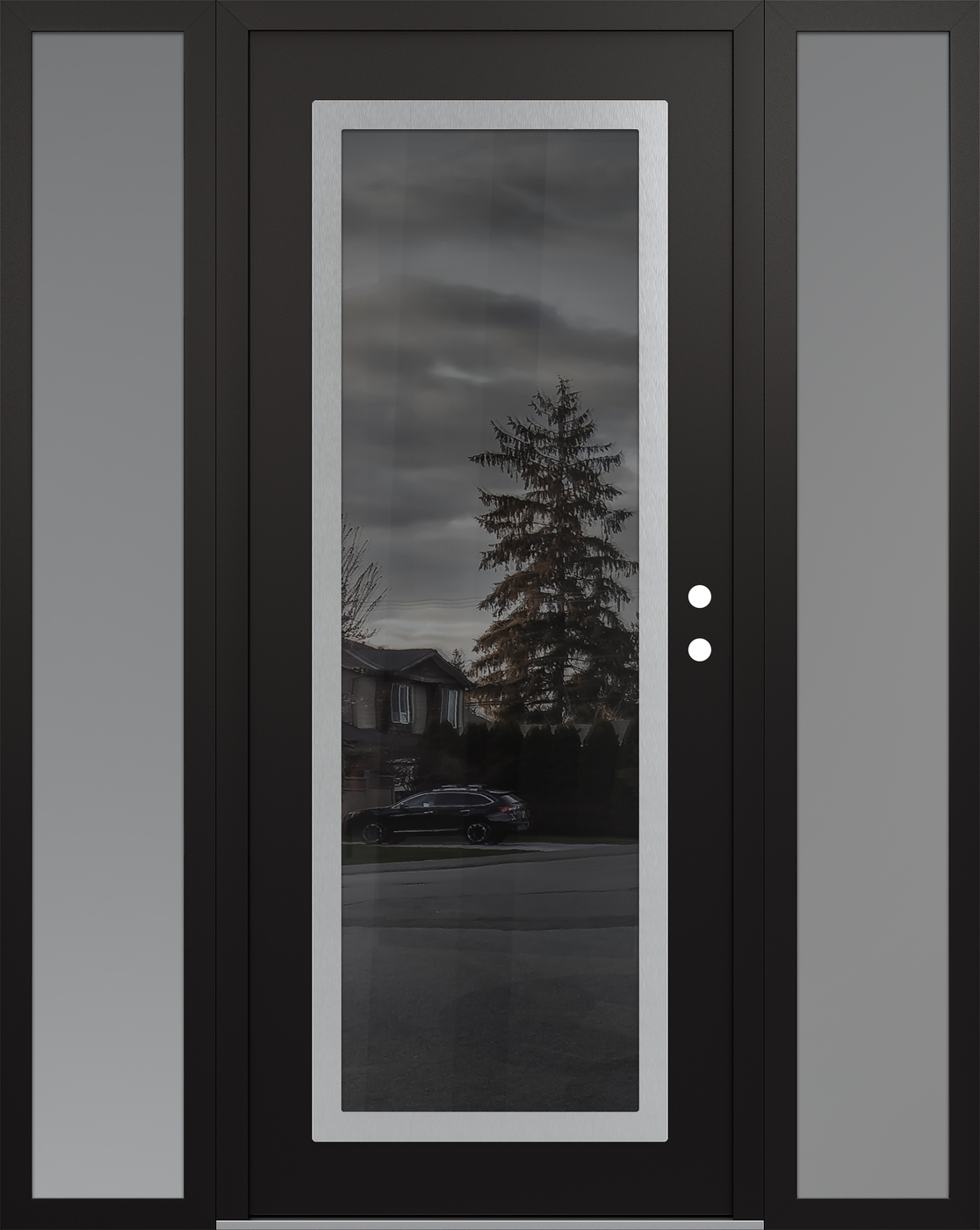 Modern Steel Front Door Diamond C1 60" x 80" black/black mirrored Glass Panel stainless steel LHI with 2 Sidelites frosted Glass