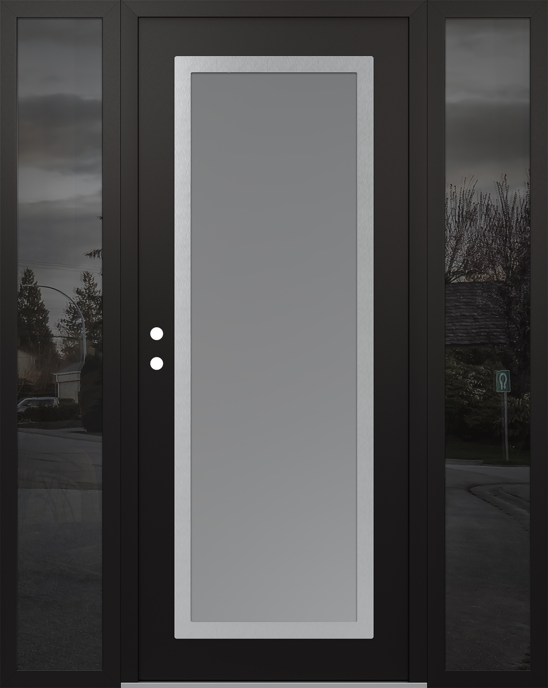 Modern Steel Front Door Diamond C1 60" x 80" black/white frosted Glass Panel stainless steel RHI with 2 Sidelites mirrored Glass