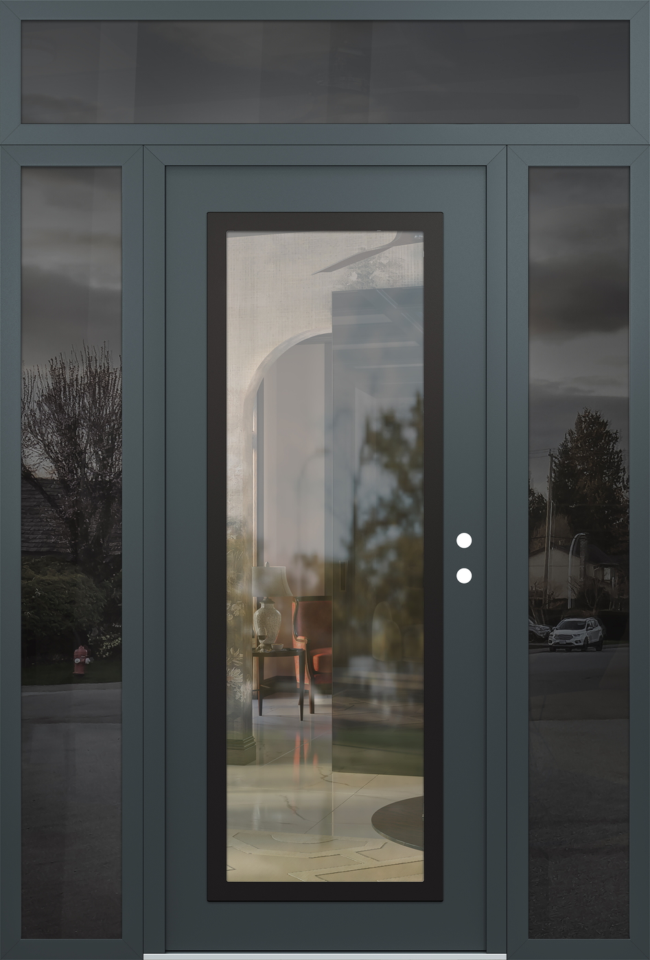 Modern Steel Front Door Diamond C1 60" x 96" anthracite/anthracite clear Glass Panel black LHI with 2 Sidelites and Transom mirrored Glass