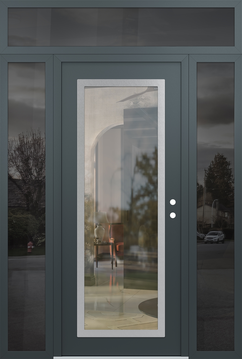 Modern Steel Front Door Diamond C1 60" x 96" anthracite/anthracite clear Glass Panel stainless steel LHI with 2 Sidelites and Transom mirrored Glass