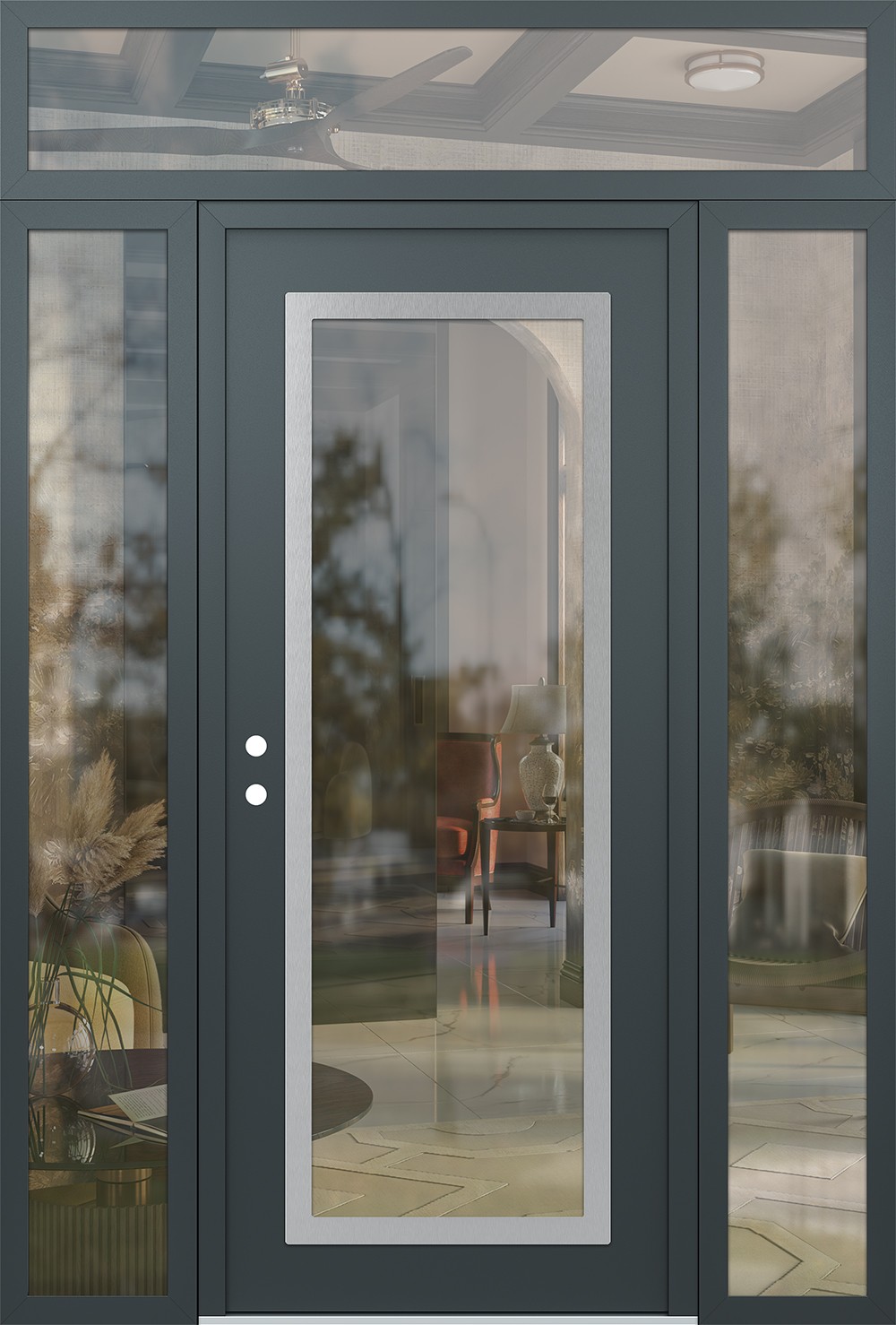 Modern Steel Front Door Diamond C1 60" x 96" anthracite/anthracite clear Glass Panel stainless steel RHI with 2 Sidelites and Transom clear Glass