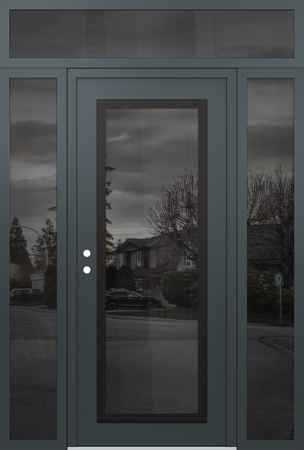 Modern Steel Front Door Diamond C1 60" x 96" anthracite/anthracite mirrored Glass Panel black RHI with 2 Sidelites and Transom mirrored Glass