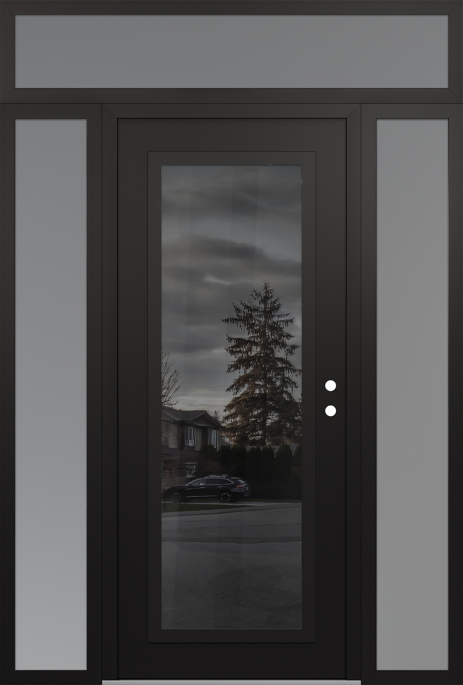 Modern Steel Front Door Diamond C1 60" x 96" black/black mirrored Glass Panel black LHI with 2 Sidelites and Transom frosted Glass