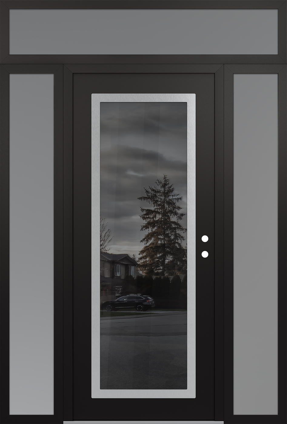 Modern Steel Front Door Diamond C1 60" x 96" black/black mirrored Glass Panel stainless steel LHI with 2 Sidelites and Transom frosted Glass