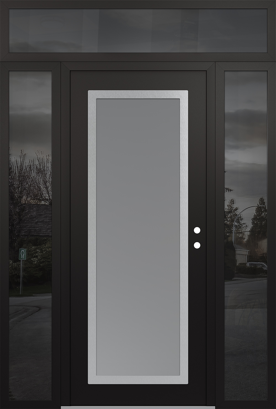 Modern Steel Front Door Diamond C1 60" x 96" black/white frosted Glass Panel stainless steel LHI with 2 Sidelites and Transom mirrored Glass