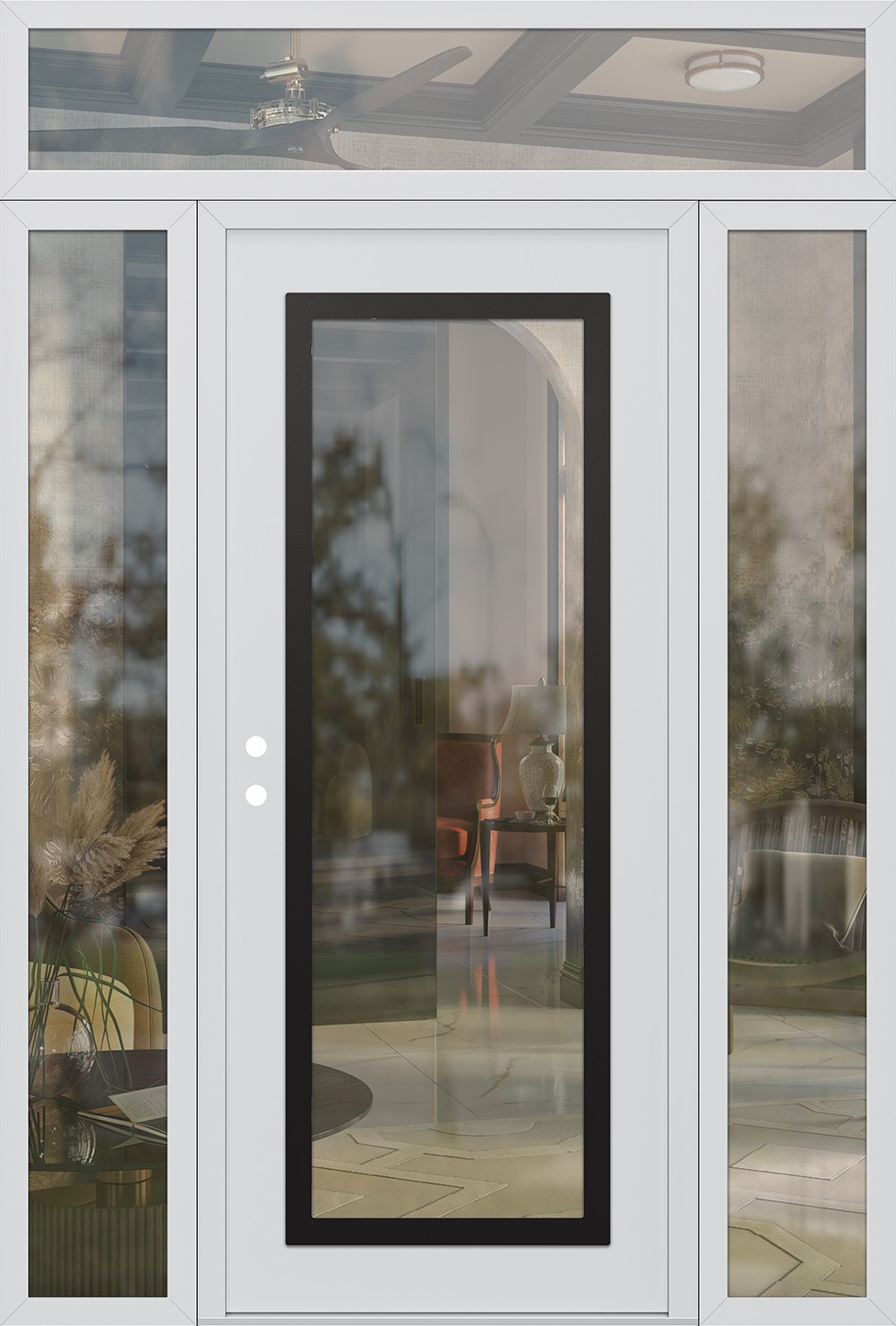 Modern Steel Front Door Diamond C1 60" x 96" white/white clear Glass Panel black RHI with 2 Sidelites and Transom clear Glass