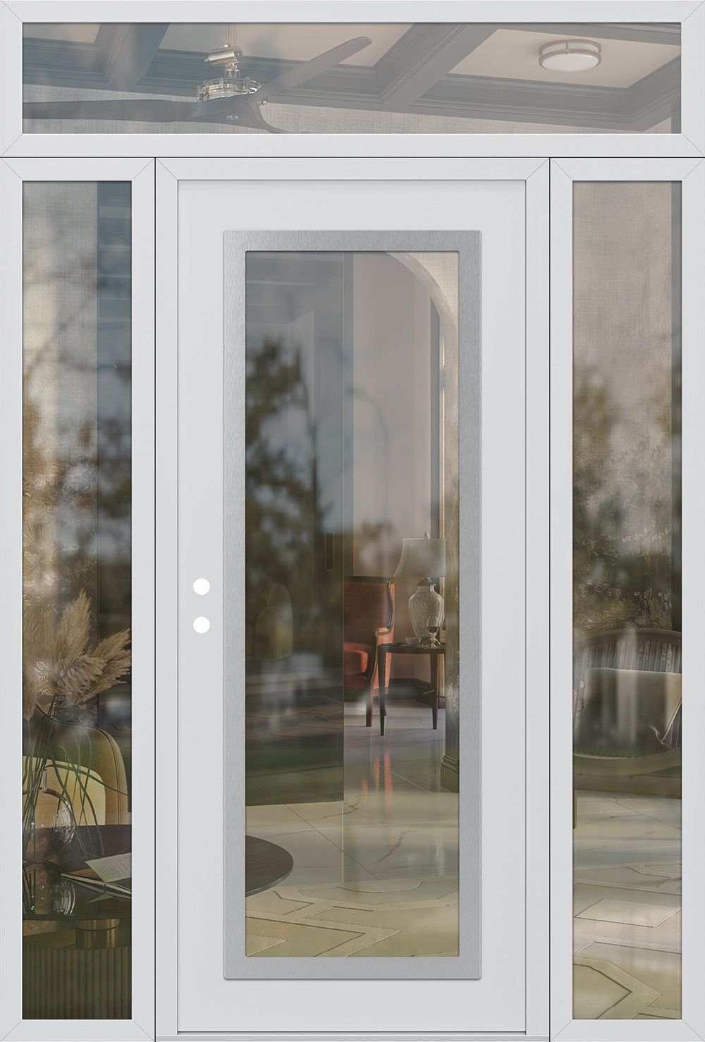 Modern Steel Front Door Diamond C1 60" x 96" white/white clear Glass Panel stainless steel RHI with 2 Sidelites and Transom clear Glass