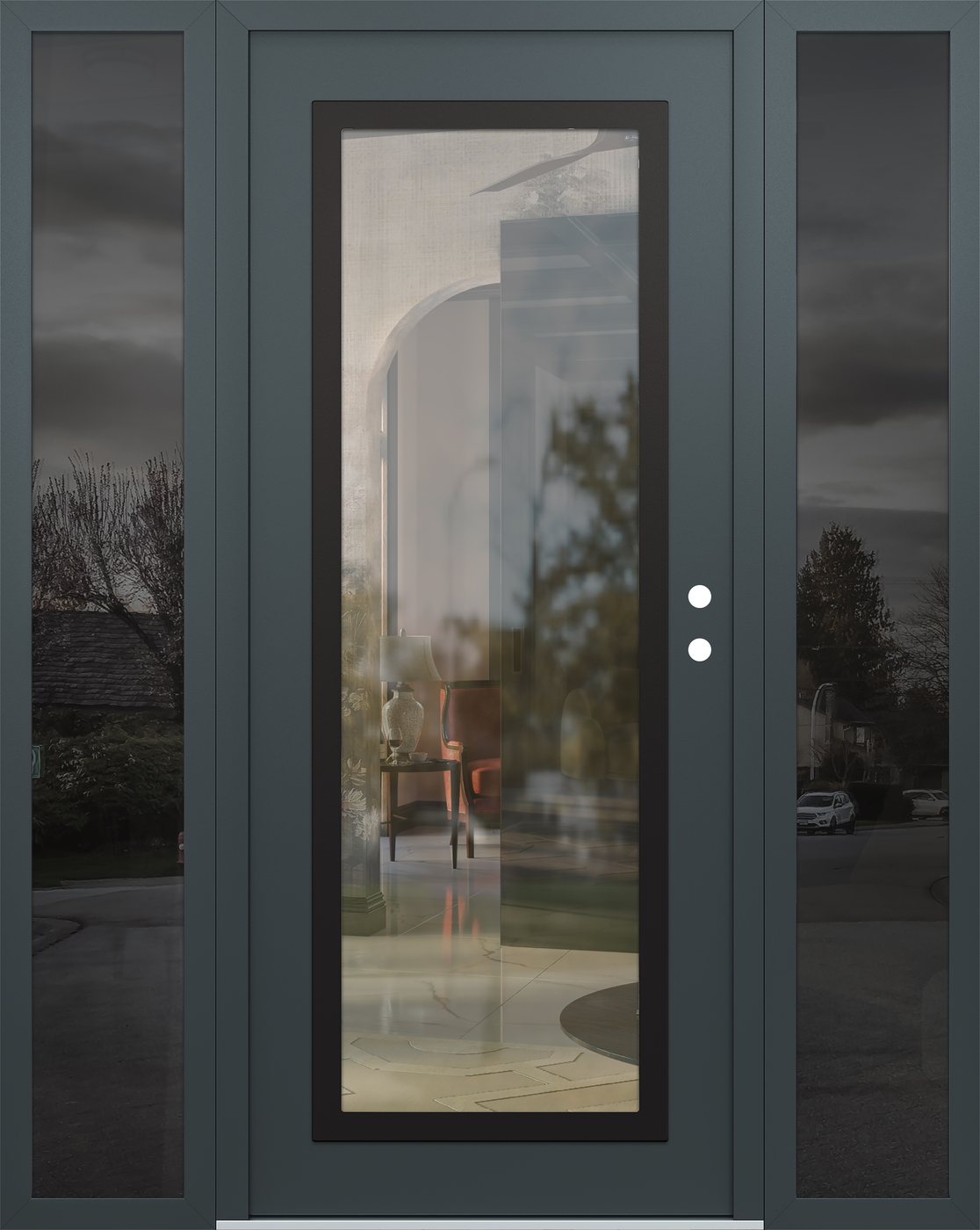 Modern Steel Front Door Diamond C1 64" x 80" anthracite/anthracite clear Glass Panel black LHI with 2 Sidelites mirrored Glass