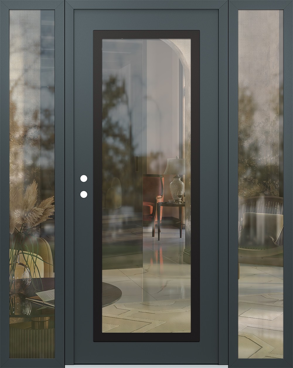 Modern Steel Front Door Diamond C1 64" x 80" anthracite/anthracite clear Glass Panel black RHI with 2 Sidelites clear Glass