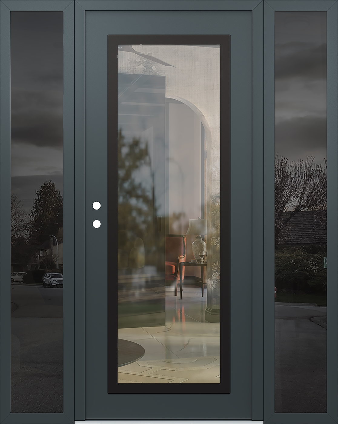 Modern Steel Front Door Diamond C1 64" x 80" anthracite/anthracite clear Glass Panel black RHI with 2 Sidelites mirrored Glass
