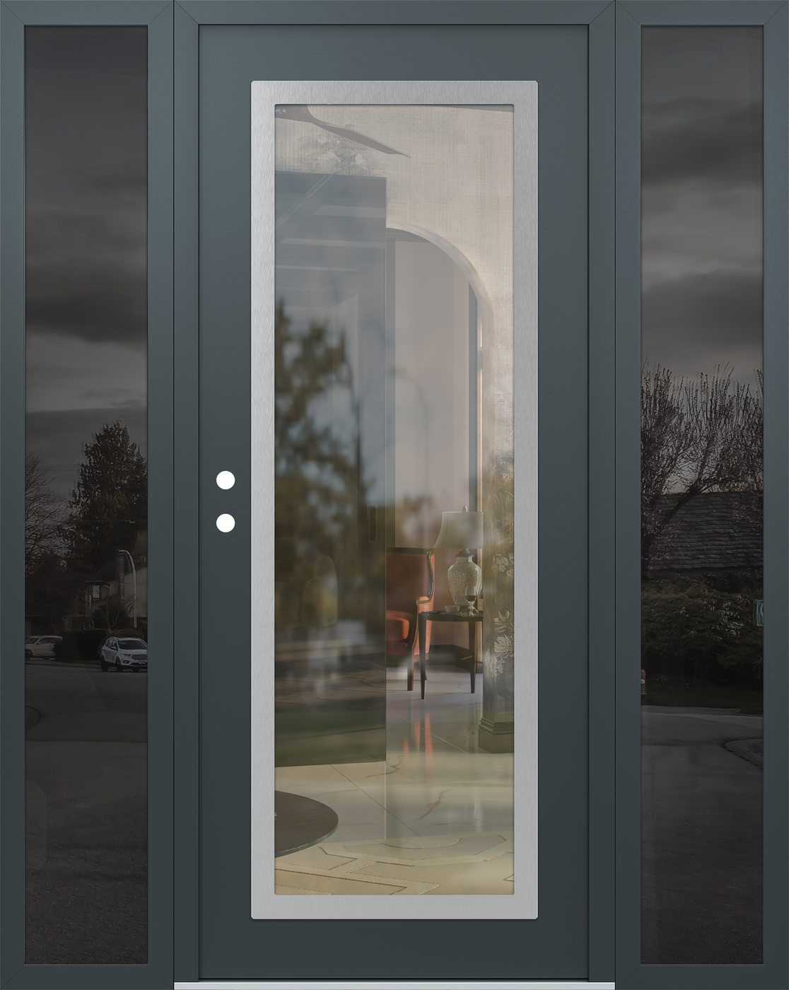 Modern Steel Front Door Diamond C1 64" x 80" anthracite/anthracite clear Glass Panel stainless steel RHI with 2 Sidelites mirrored Glass