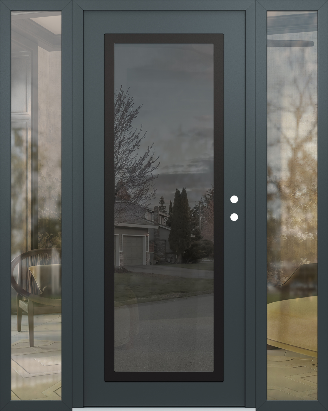 Modern Steel Front Door Diamond C1 64" x 80" anthracite/anthracite mirrored Glass Panel black LHI with 2 Sidelites clear Glass
