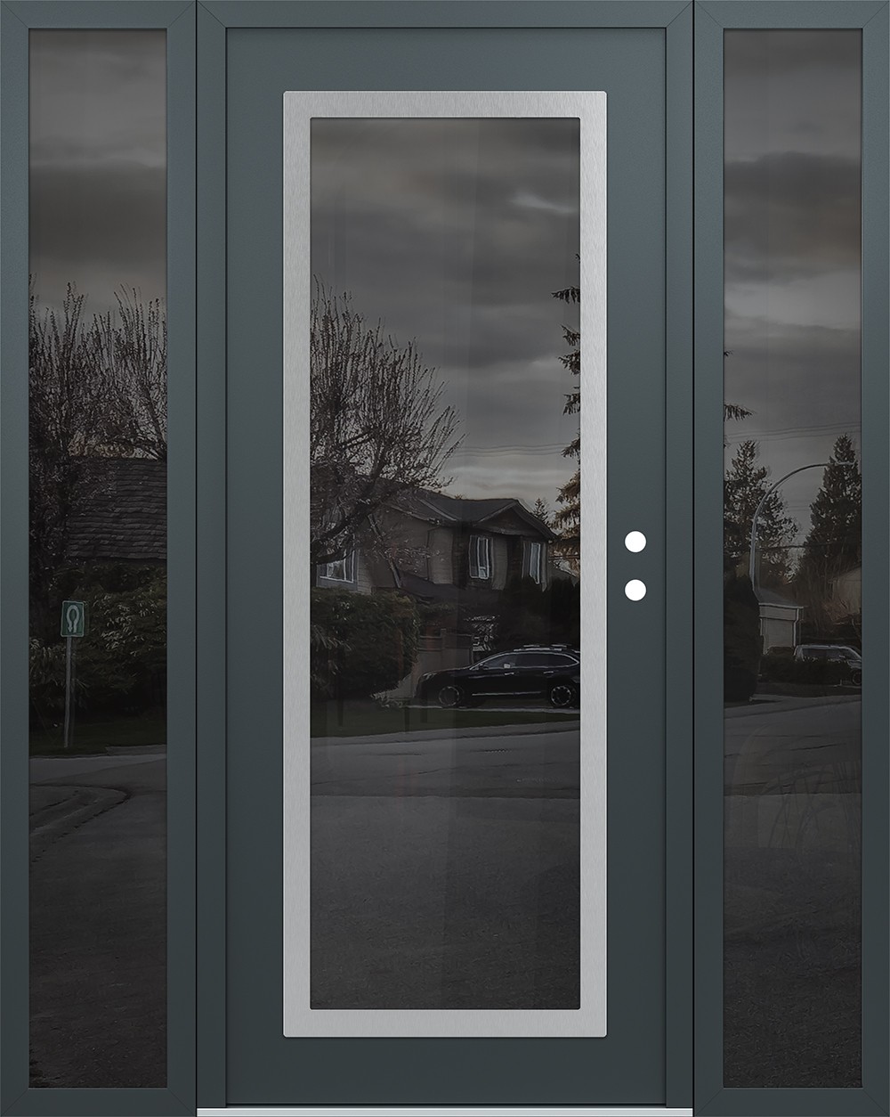 Modern Steel Front Door Diamond C1 64" x 80" anthracite/anthracite mirrored Glass Panel stainless steel LHI with 2 Sidelites mirrored Glass