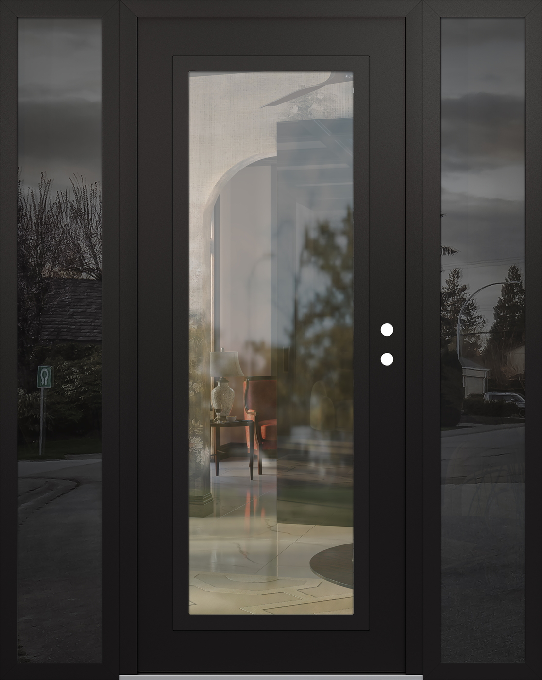 Modern Steel Front Door Diamond C1 64" x 80" black/black clear Glass Panel black LHI with 2 Sidelites mirrored Glass
