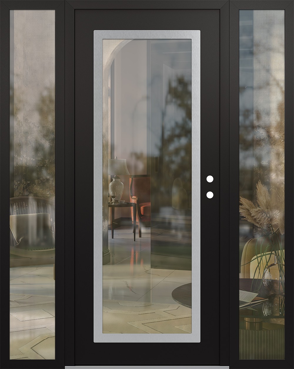 Modern Steel Front Door Diamond C1 64" x 80" black/black clear Glass Panel stainless steel LHI with 2 Sidelites clear Glass